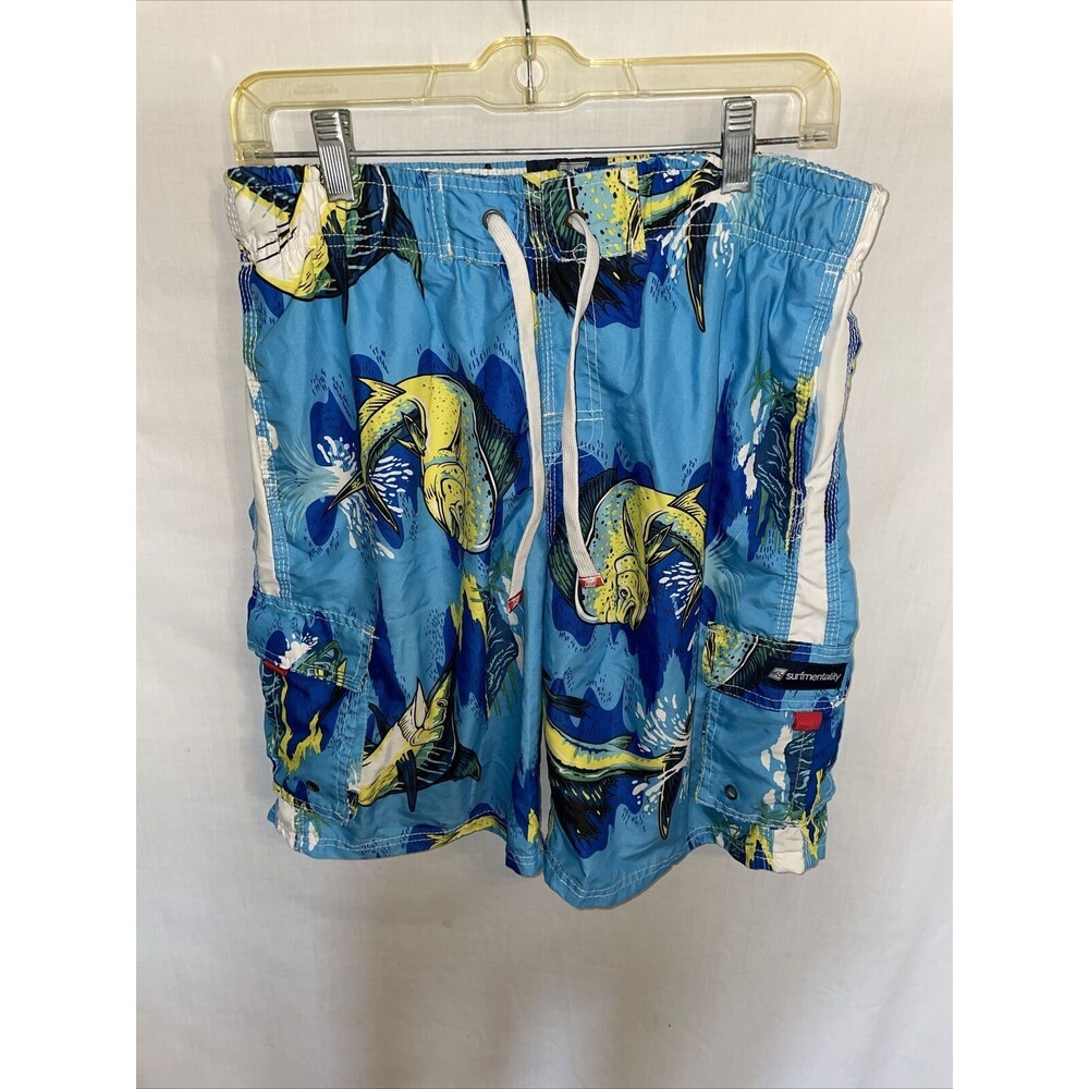 Surfmentality Board Shorts Mens Size Large Blue Fish Motif Drawstring Stretch